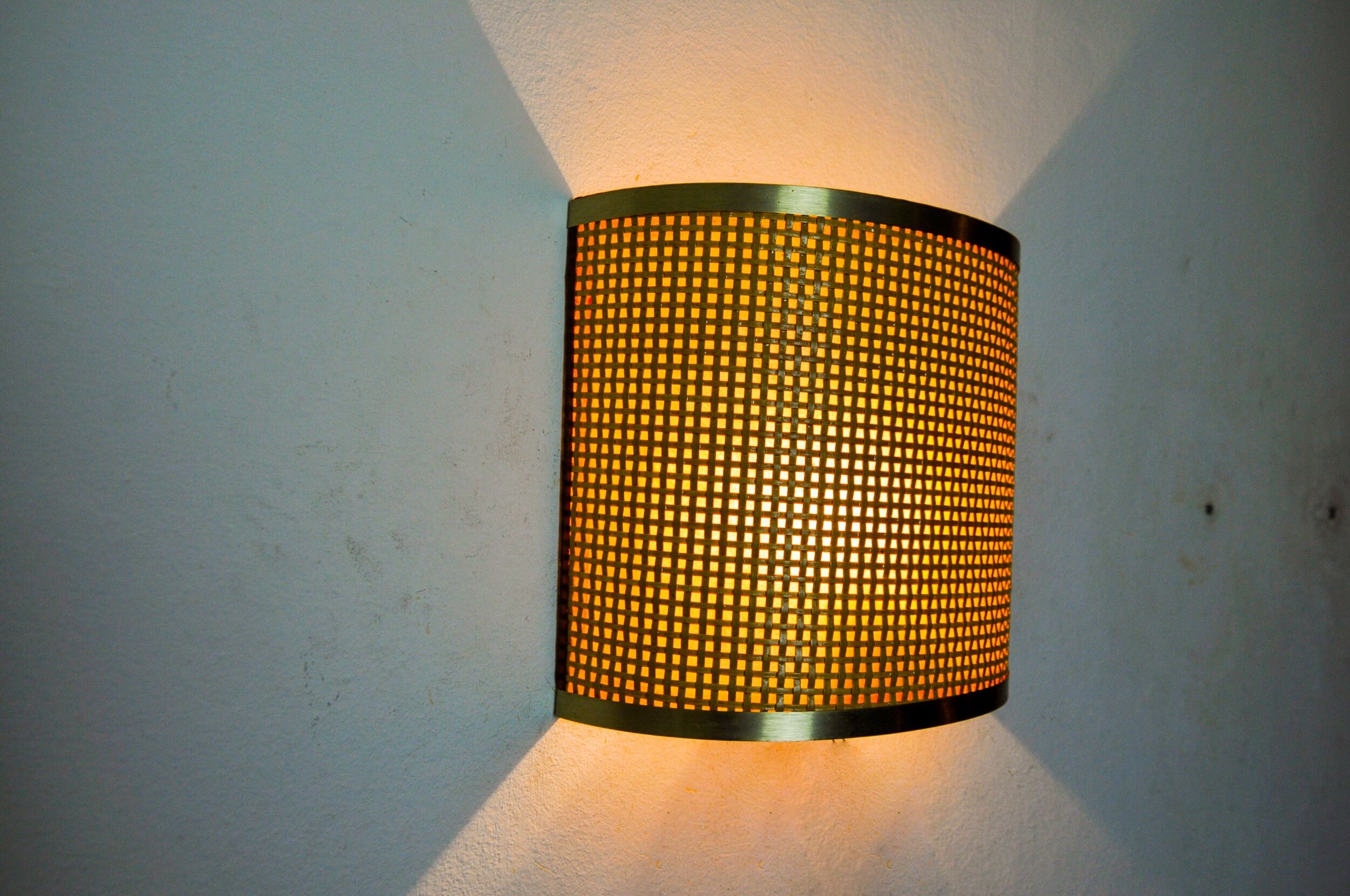 Rattan and brass wall lamp, italy, 1960