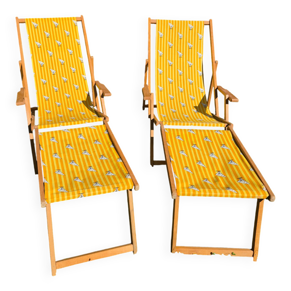 2 tansats chilienne vintage bois et toile jaune imprimé voilier avec repose