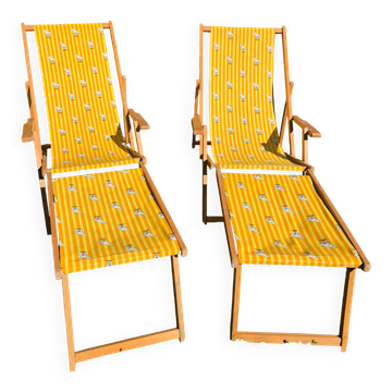 2 tansats chilienne vintage bois et toile jaune imprimé voilier avec repose