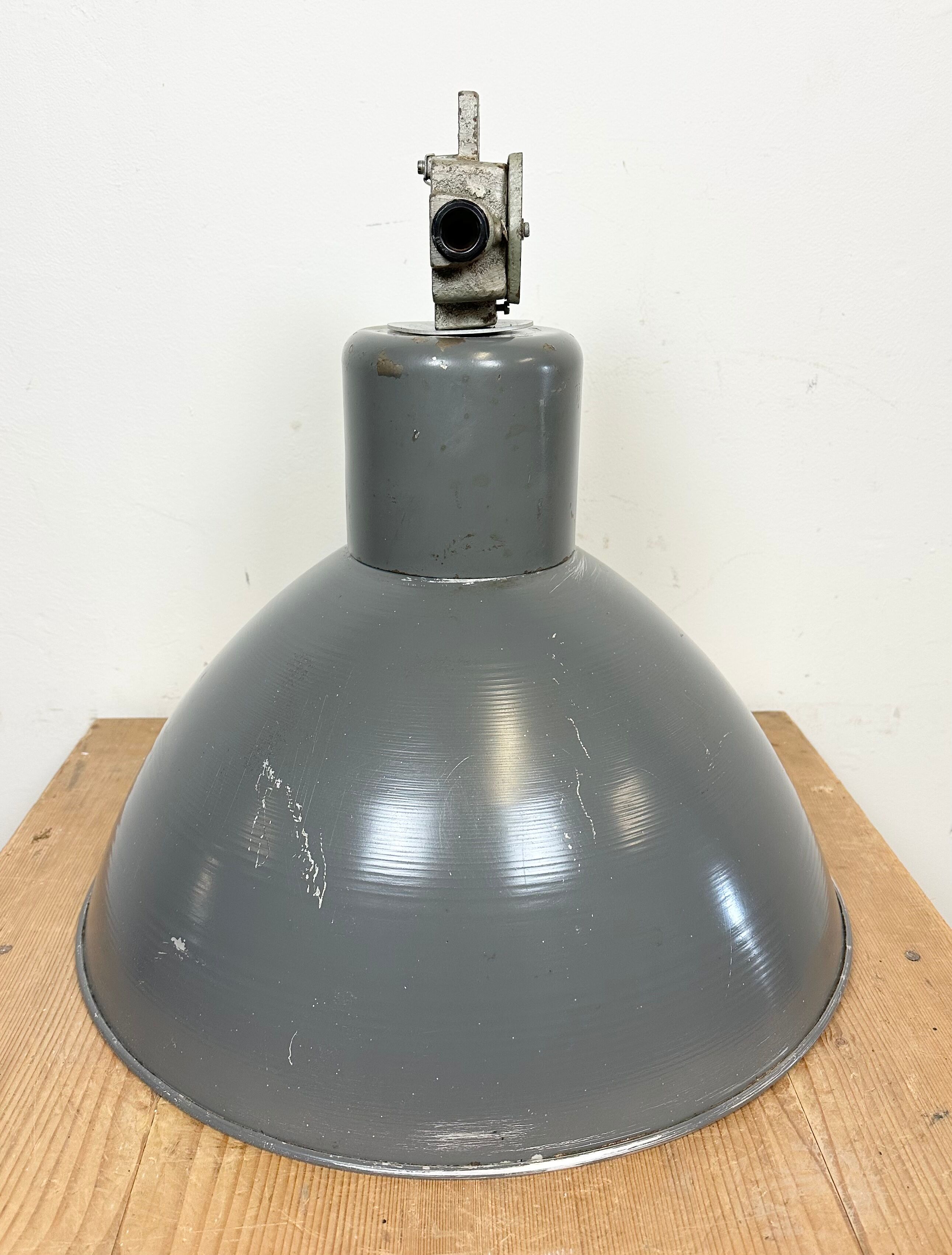 Grey industrial aluminium pendant lamp from polam wilkasy, 1960s