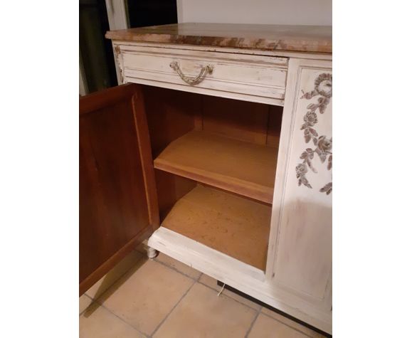 Sideboard 2 doors and 2 drawers with floral decorations, white patinated furniture