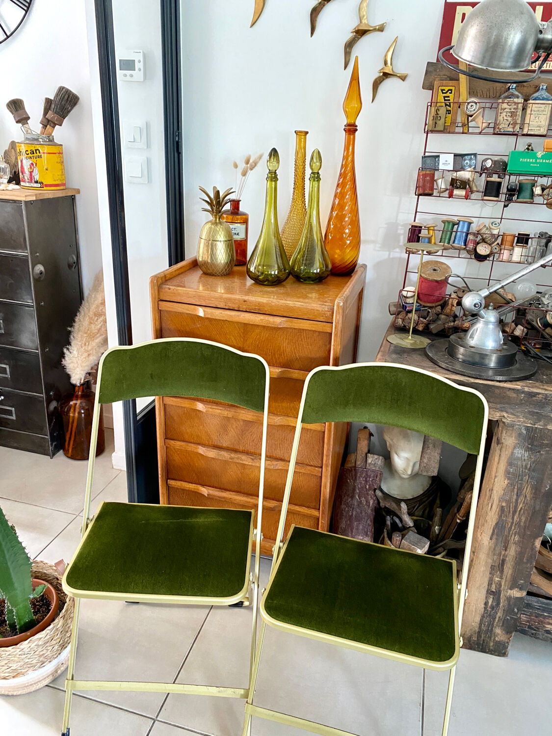 Pair of vintage green velvet folding chairs