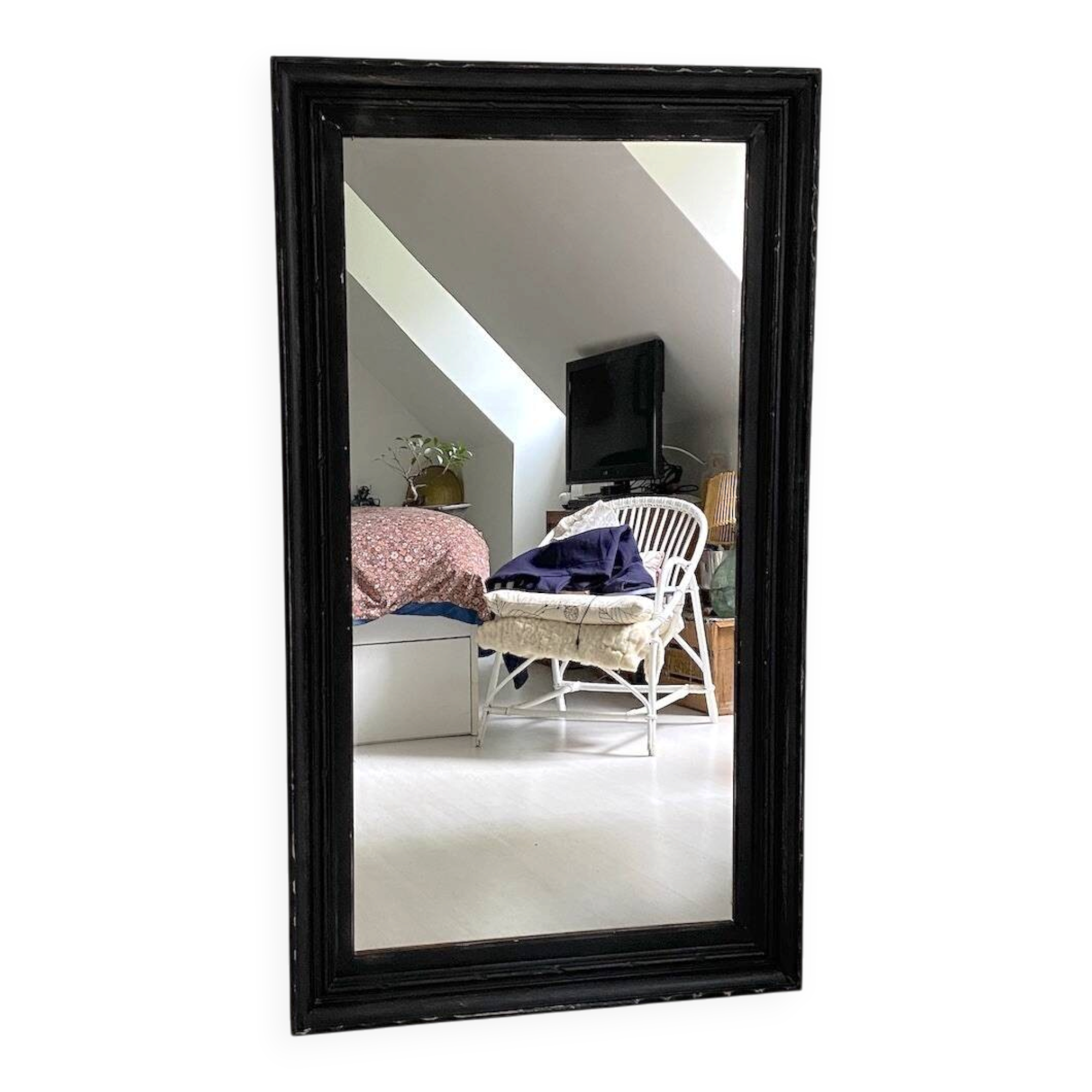 1950s mirror, matte black wood with a patina.