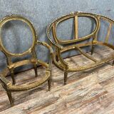 Frames of bench and armchair Louis XVI basket in gilded and lacquered wood