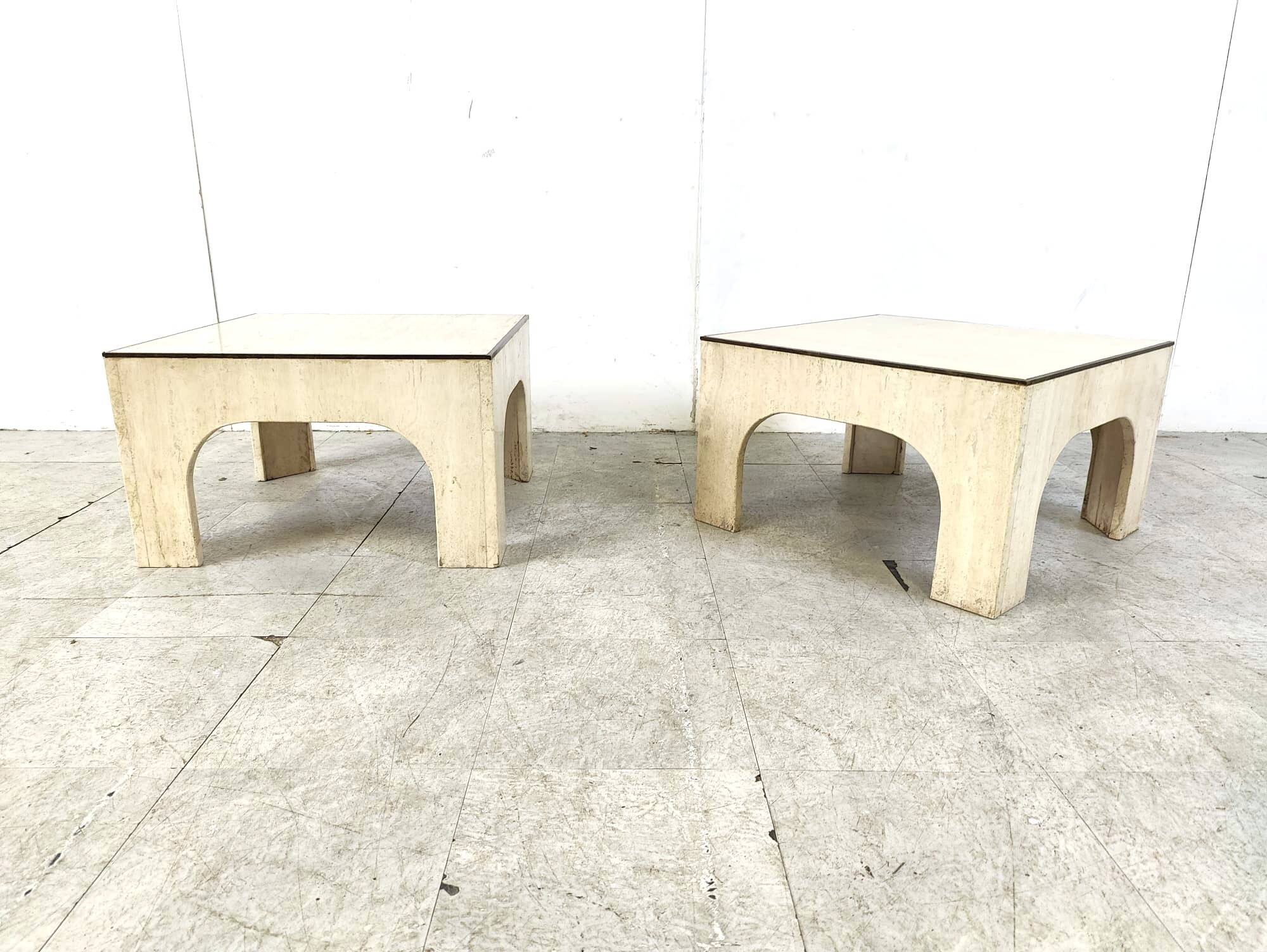 Pair of travertine and brass coffee tables, 1970s