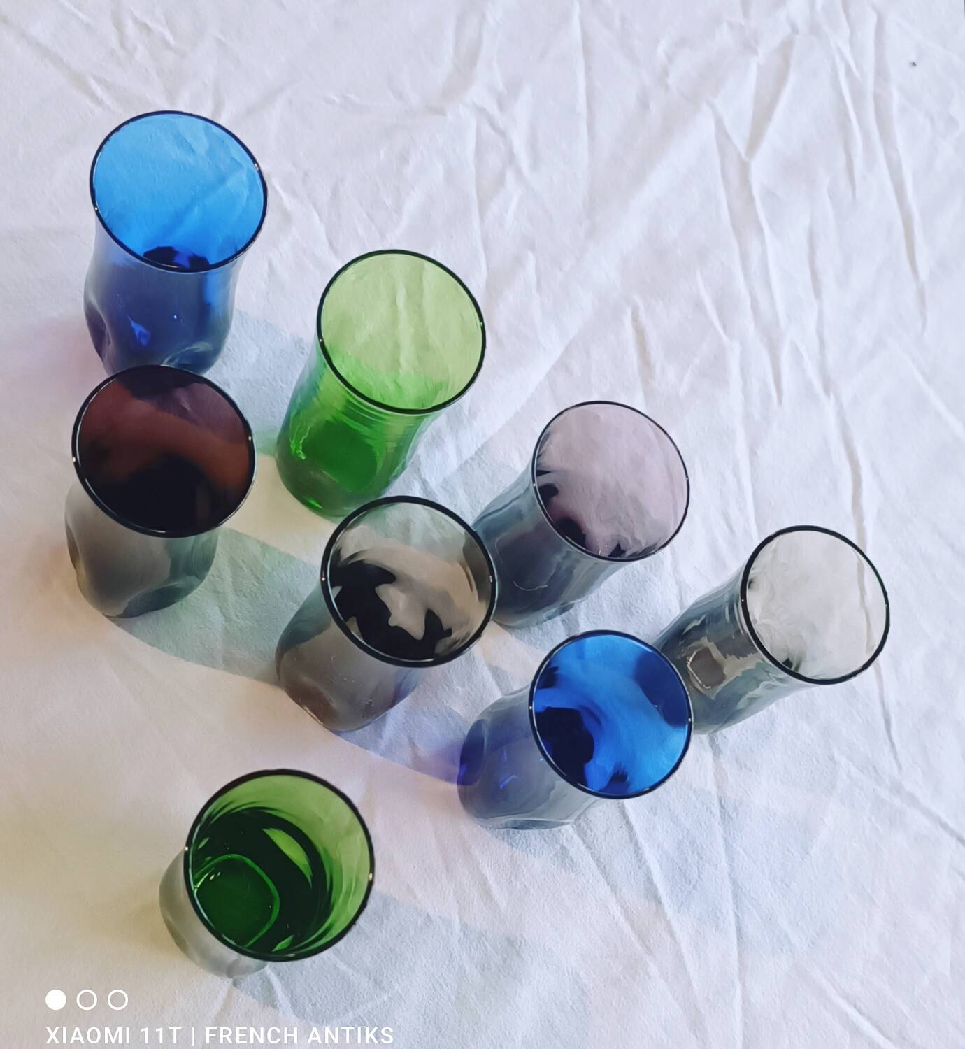 8 verres à liqueur, verre fumé, verrerie de Portieux, 1970's