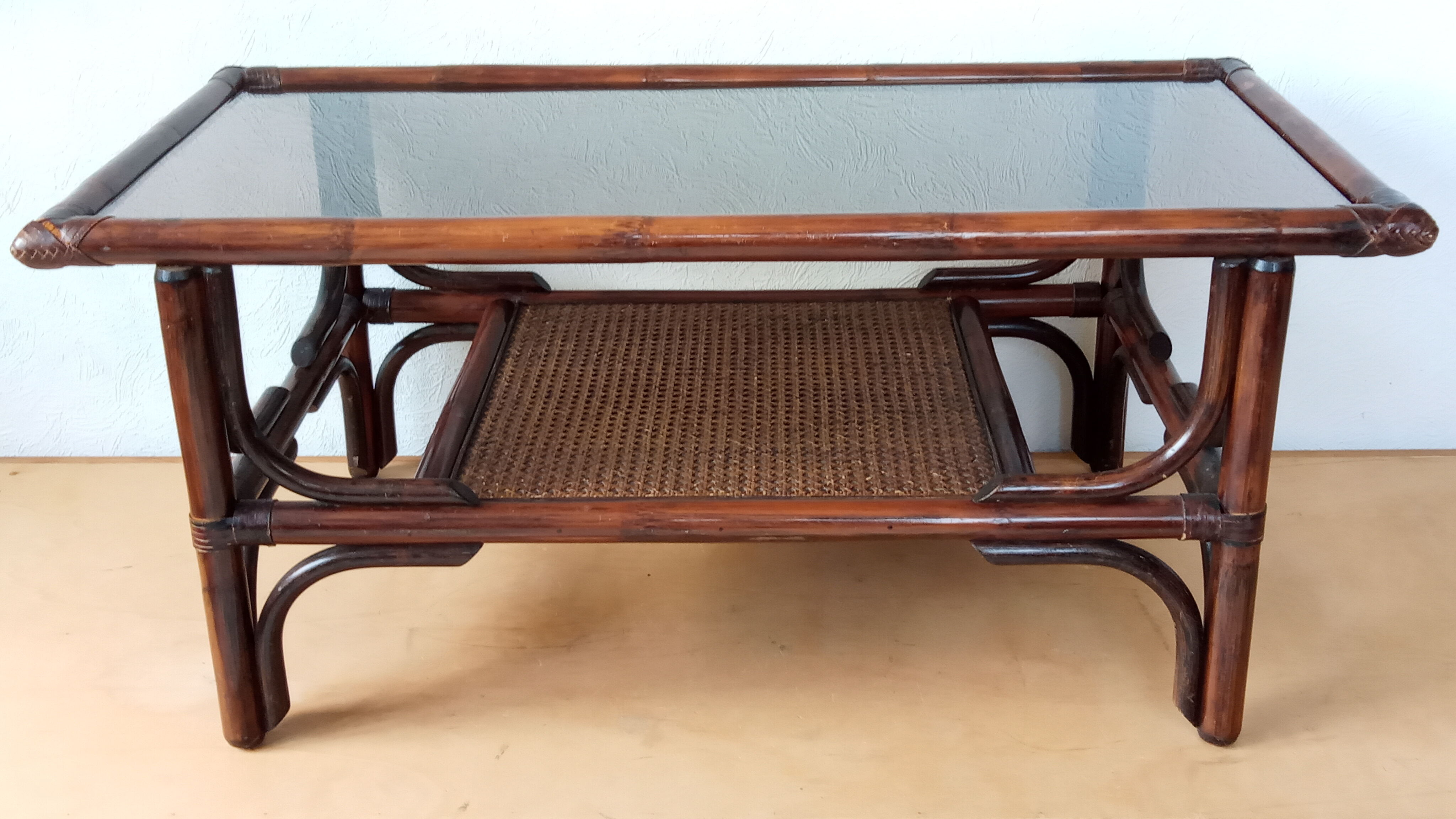 Vintage rattan coffee table and smoked glass
