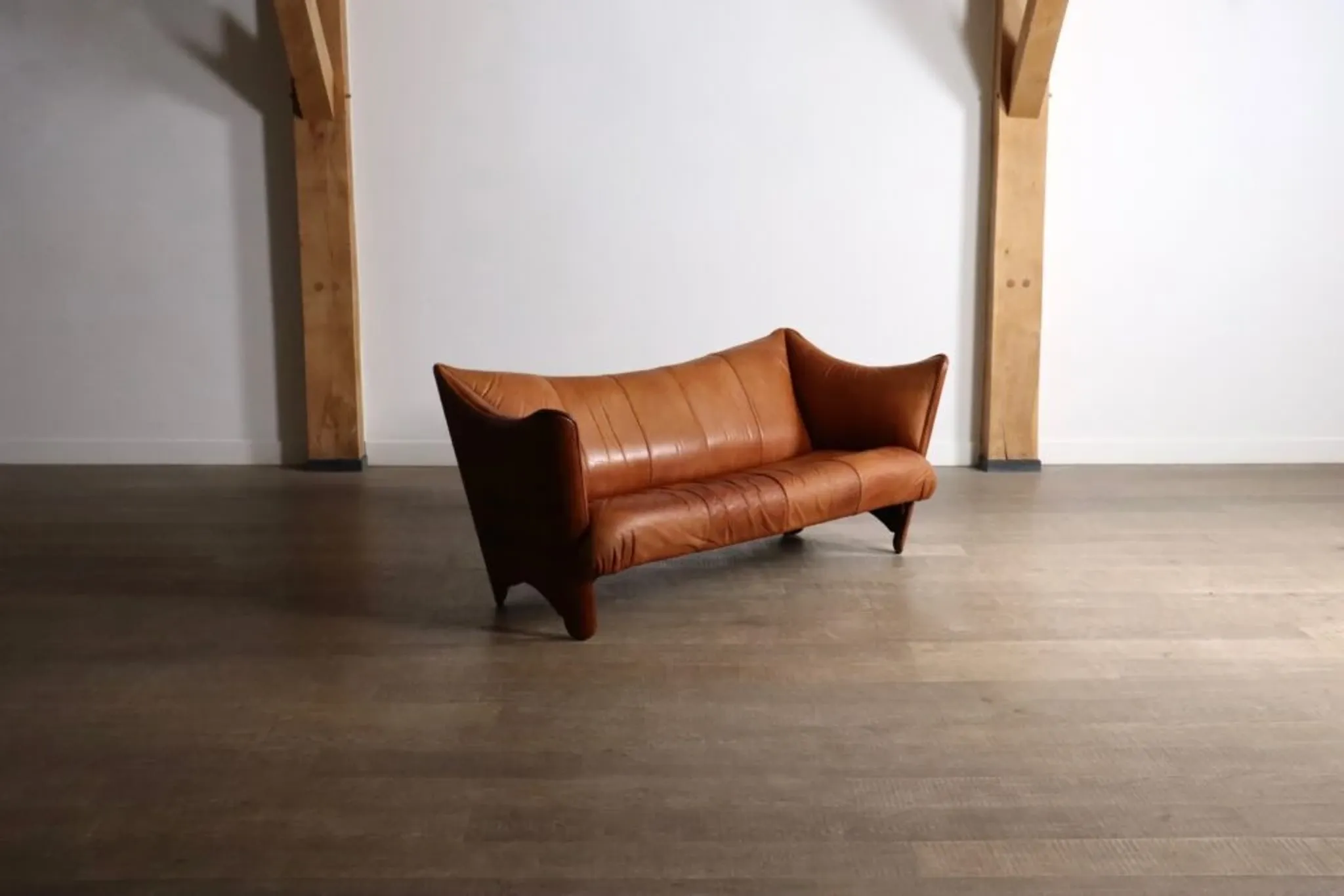 Mid-century sofa in cognac leather and wood by Pacific Green, Australia 1980s