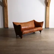 Mid-century sofa in cognac leather and wood by Pacific Green, Australia 1980s