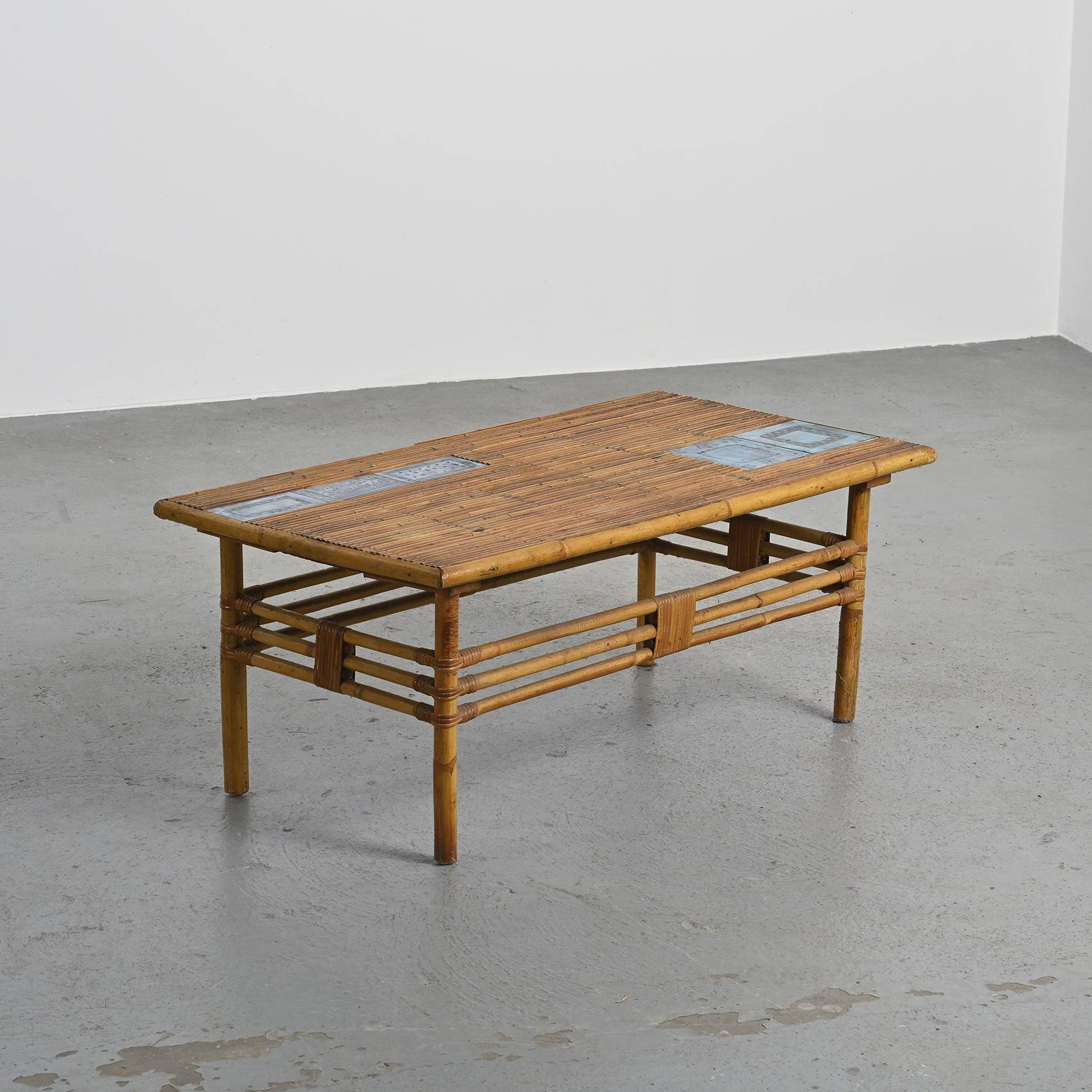 Coffee table with blue ceramic tiles by Robert and Jean Cloutier