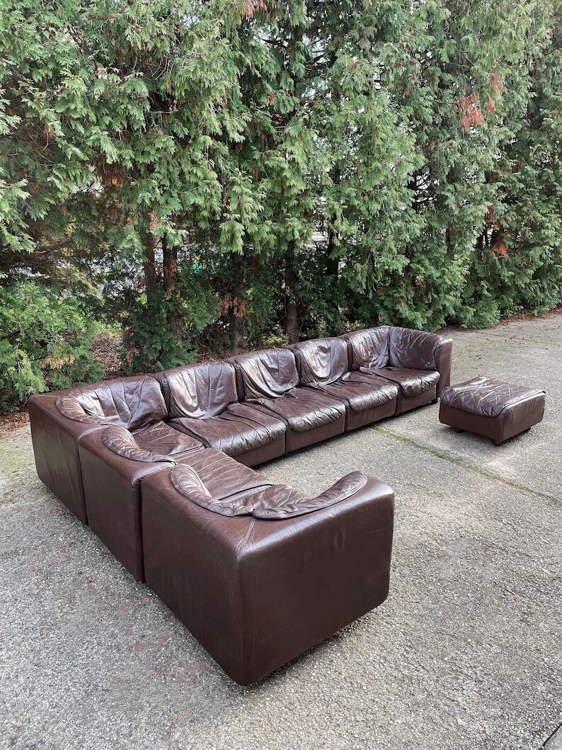 Modular sectional soft dark brown leather sofa by Arflex, Italy 1970