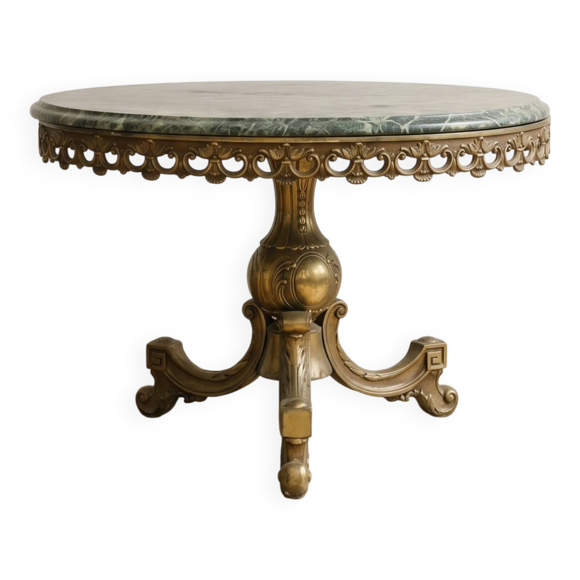 Antique coffee table in green marble and gold metal.