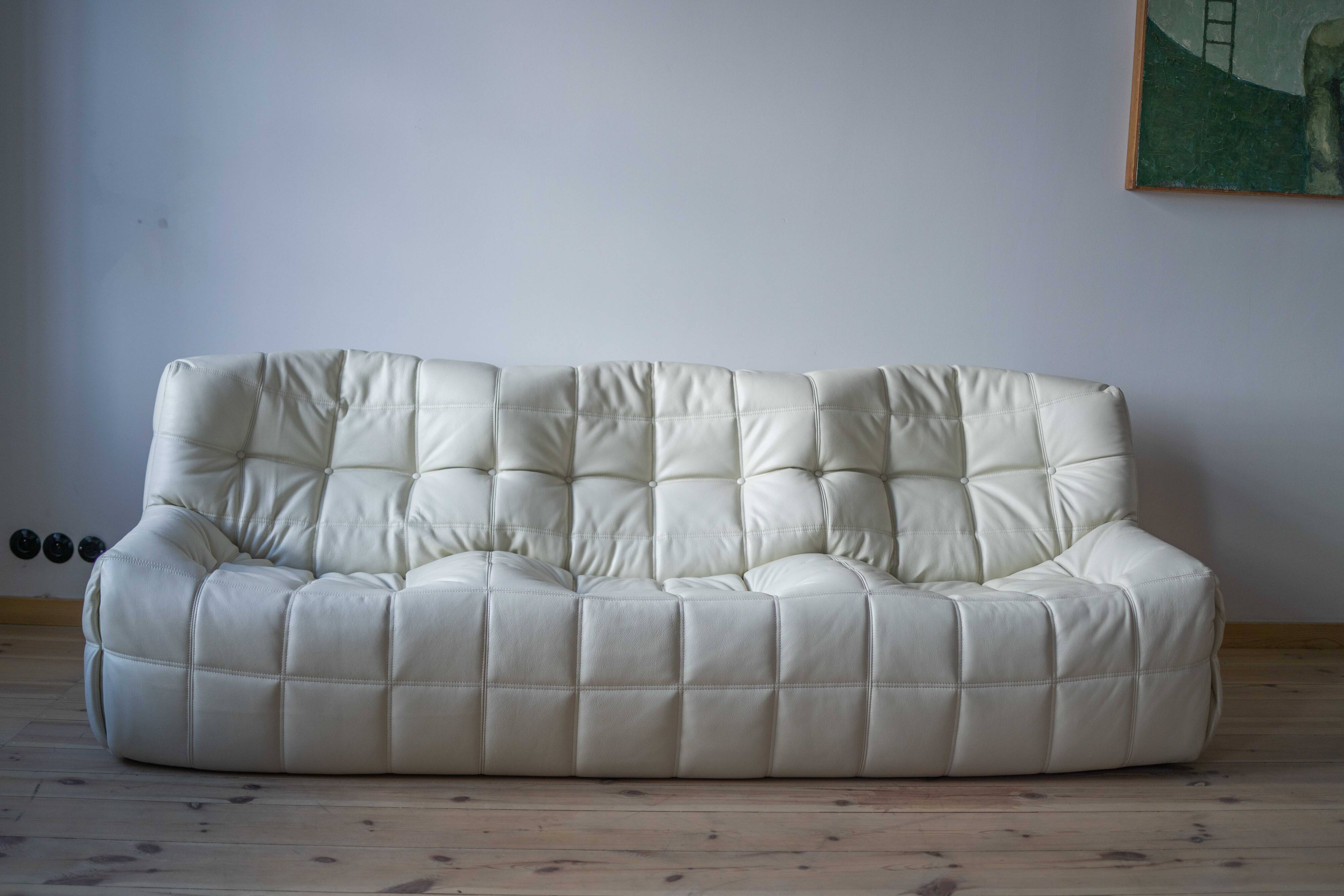 Vintage Leather Kashima Sofa in White Leather by Michel Ducaroy for Ligne Roset, 1980s
