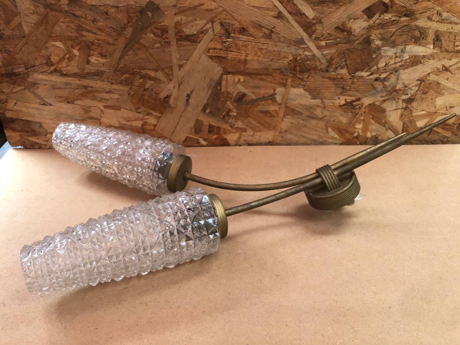 Old Double Brass Wall Lamp + Vintage Molded Glass Tulips