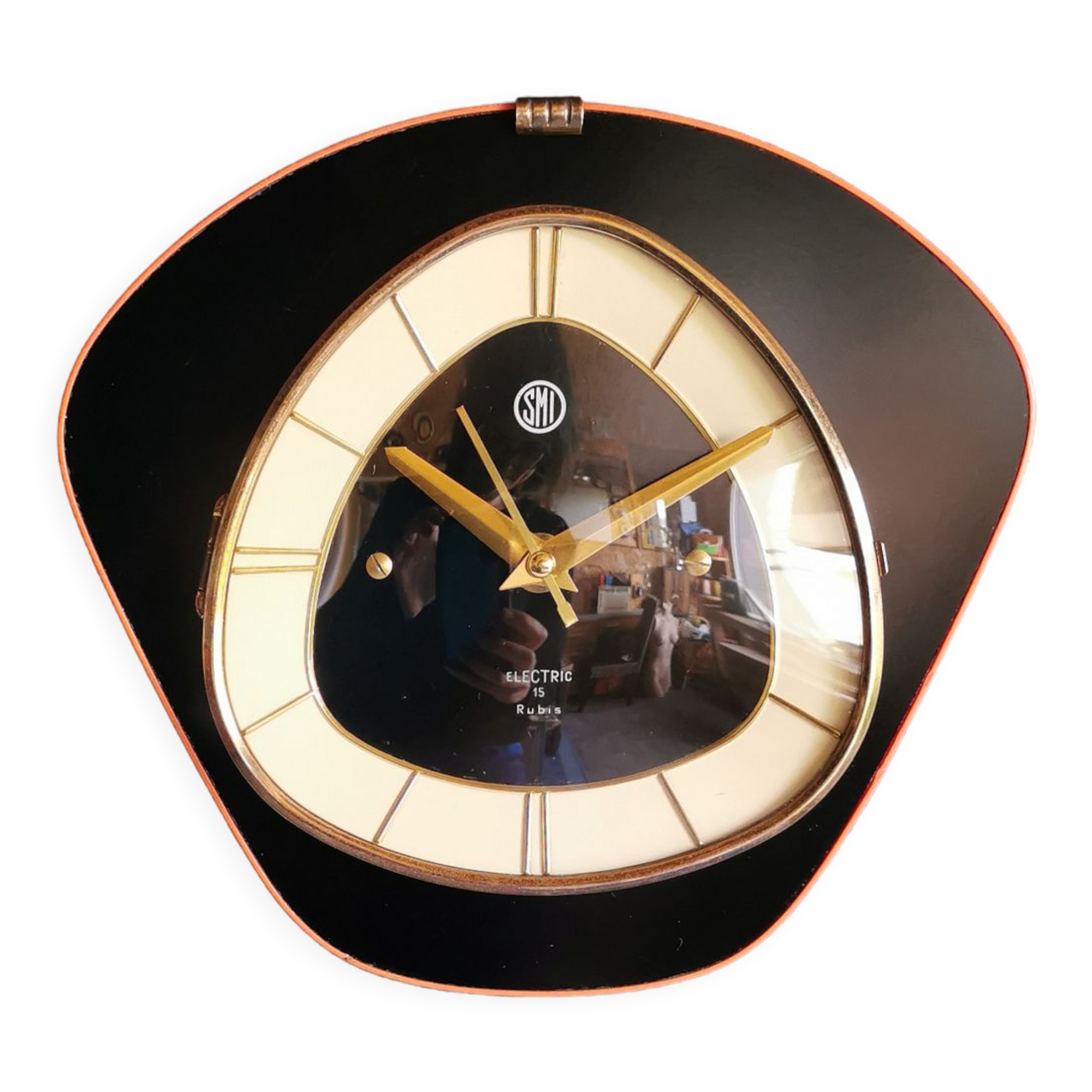 Horloge formica vintage pendule murale silencieuse "SMI noir orange"