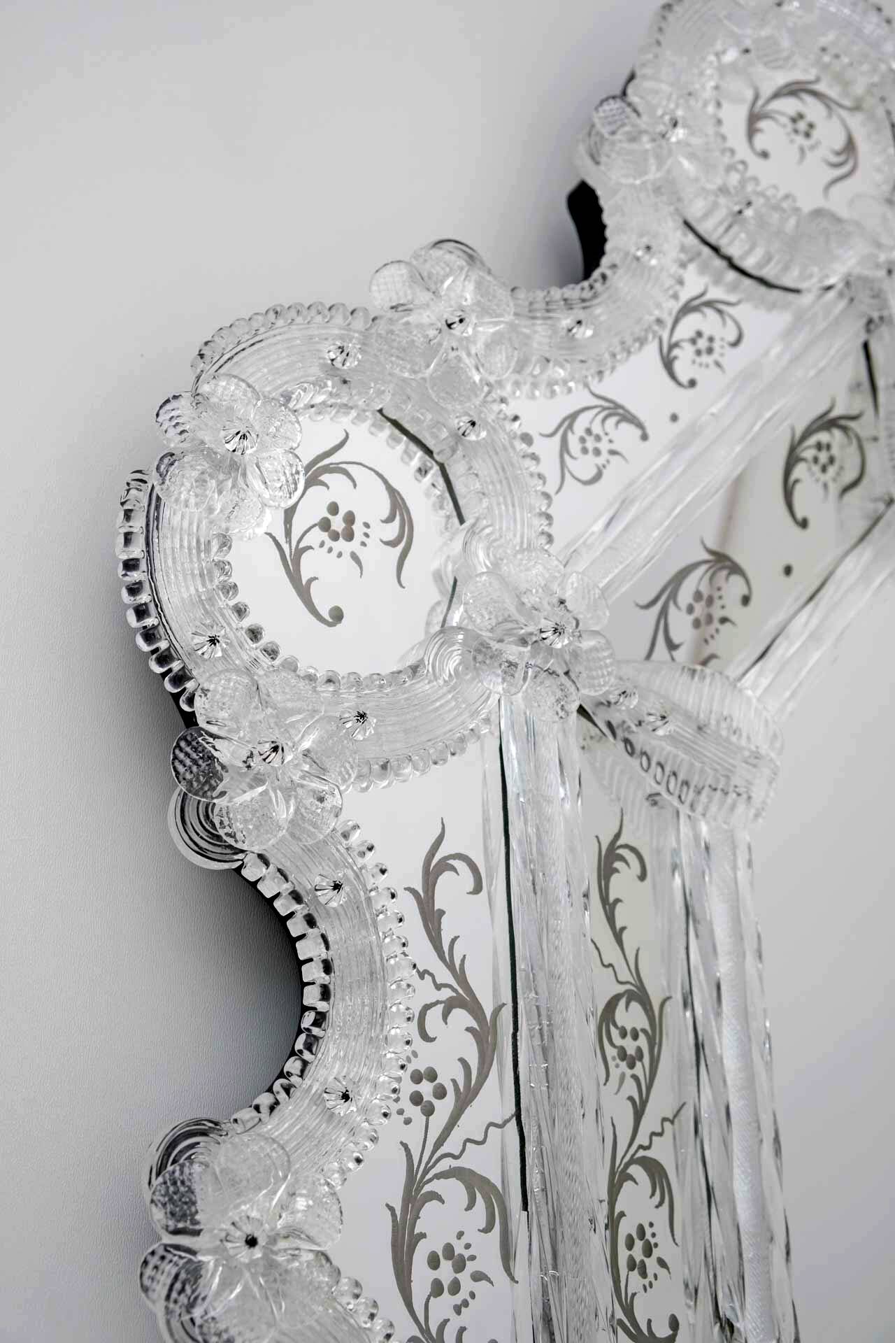 20th Century Venetian Murano Glass Flowers Octagonal Mirror