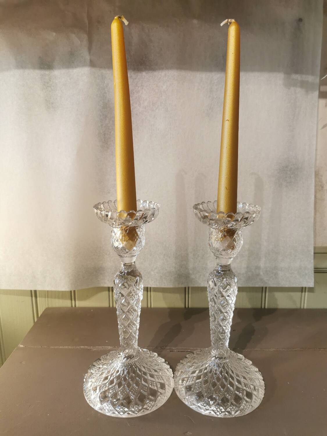 Pair of molded glass candlesticks