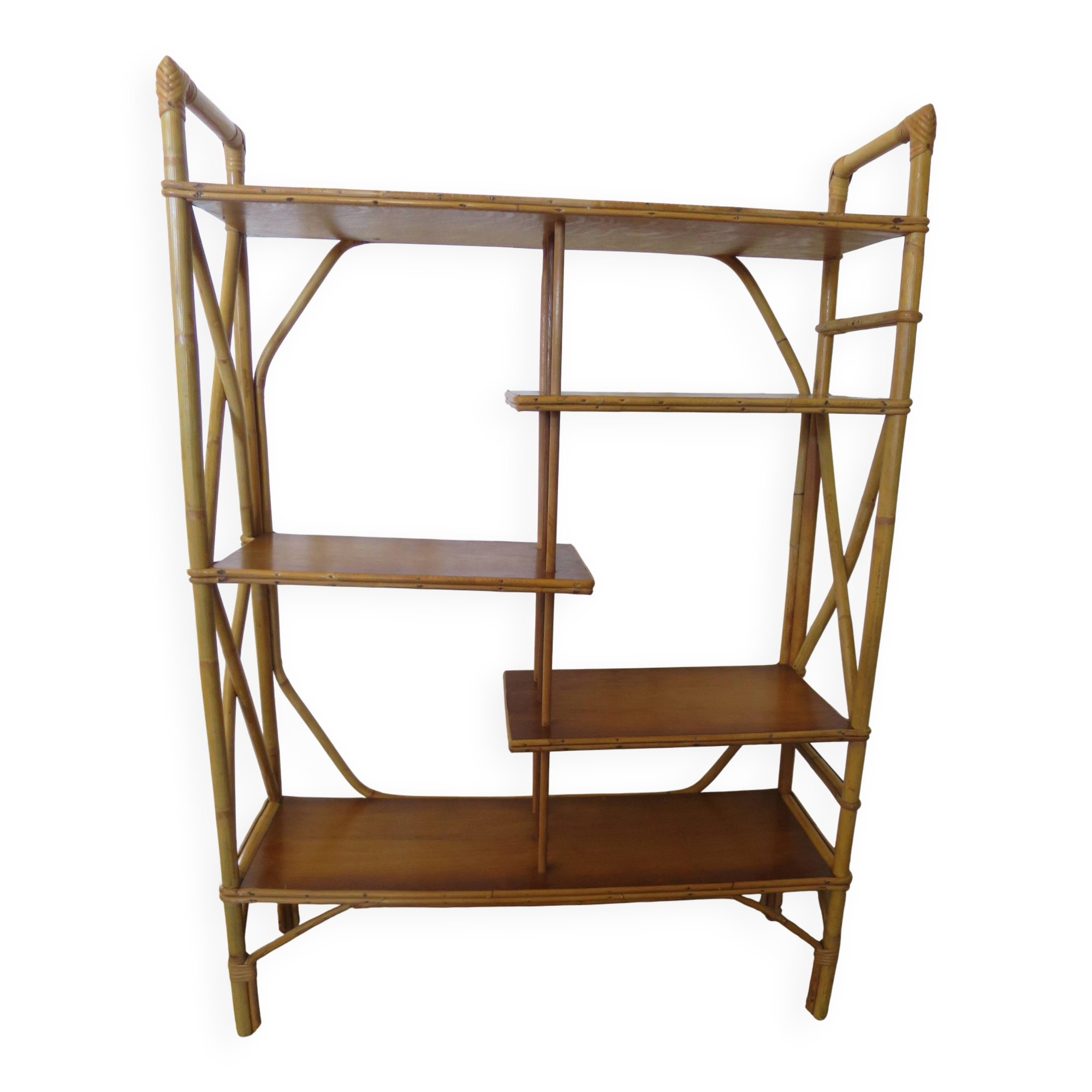 vintage -étagère-bibliotheque-bibus-asymétrique-bambou-bois-rotin-années 60