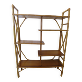 vintage - shelf - library - bibus - asymmetrical - bamboo - wood - rattan - 1960s