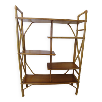 vintage - shelf - library - bibus - asymmetrical - bamboo - wood - rattan - 1960s