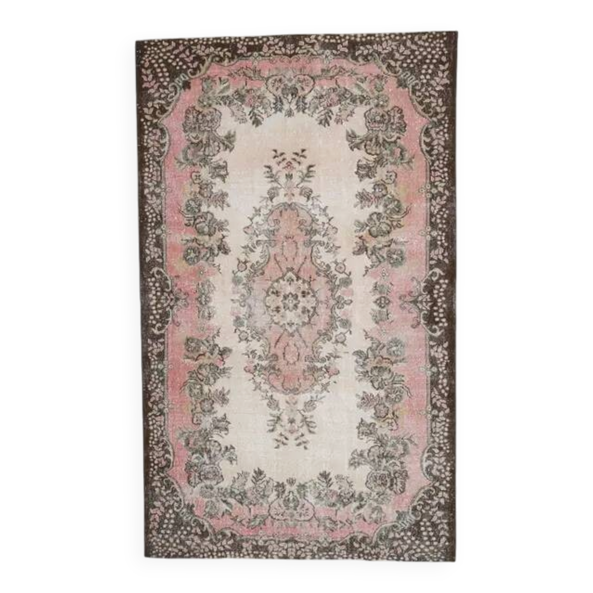 1970s Vintage Turkish Oushak Handmade Wool Cotton Pink Area Rug 173x293