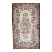 Tapis vintage turc Oushak fait main en laine et coton rose, années 1970