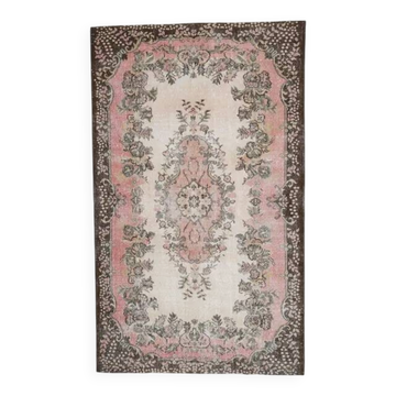 1970s Vintage Turkish Oushak Handmade Wool Cotton Pink Area Rug 173x293