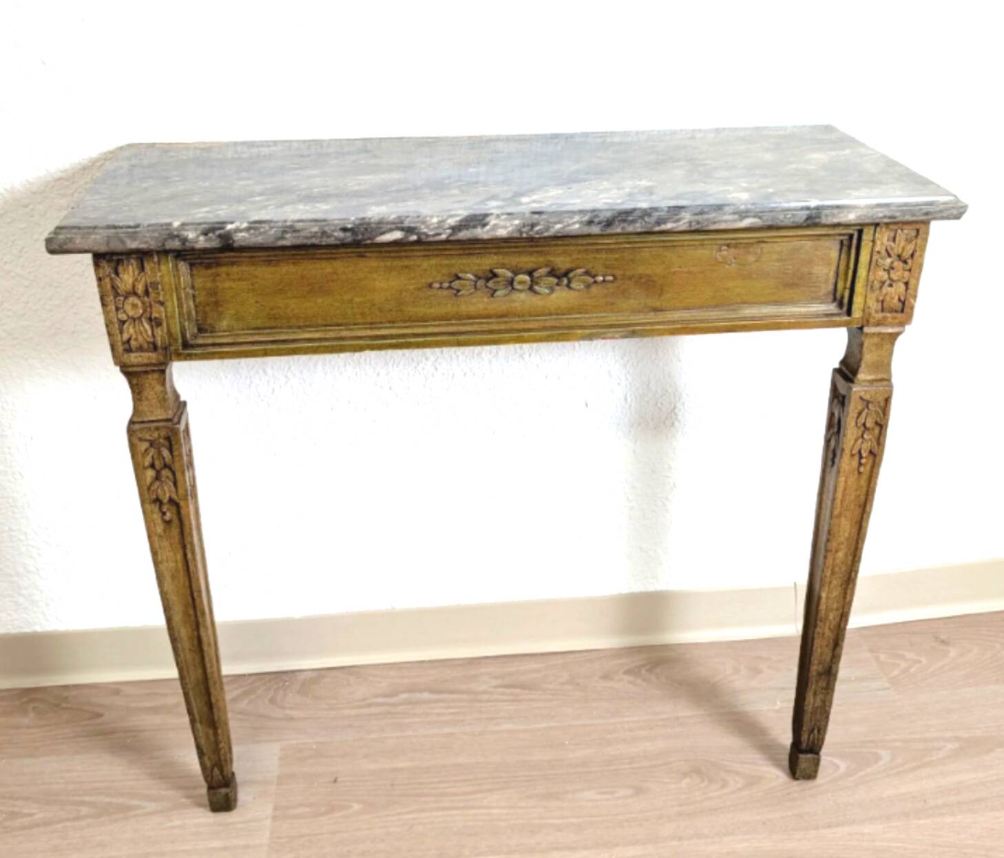 Louis XVI style lacquered wood console with marble top. Antique work