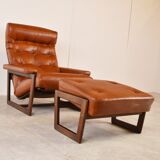 Vintage leather armchair with hocker, 1970s