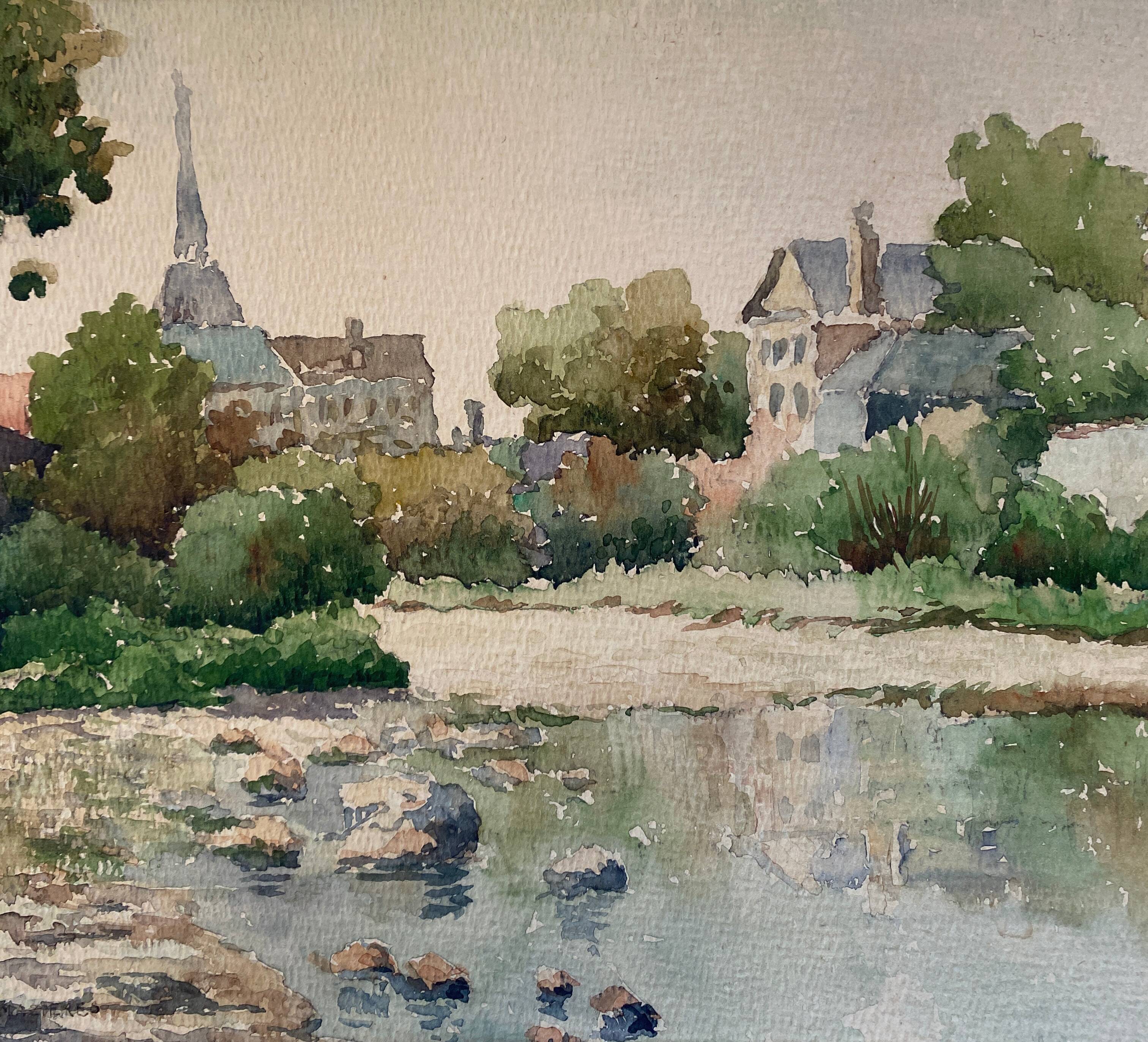 Painting "the village with the bell tower" by charton-desmazieres (xix-xx) watercolor