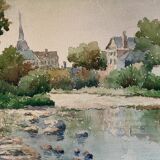 Painting "the village with the bell tower" by charton-desmazieres (xix-xx) watercolor