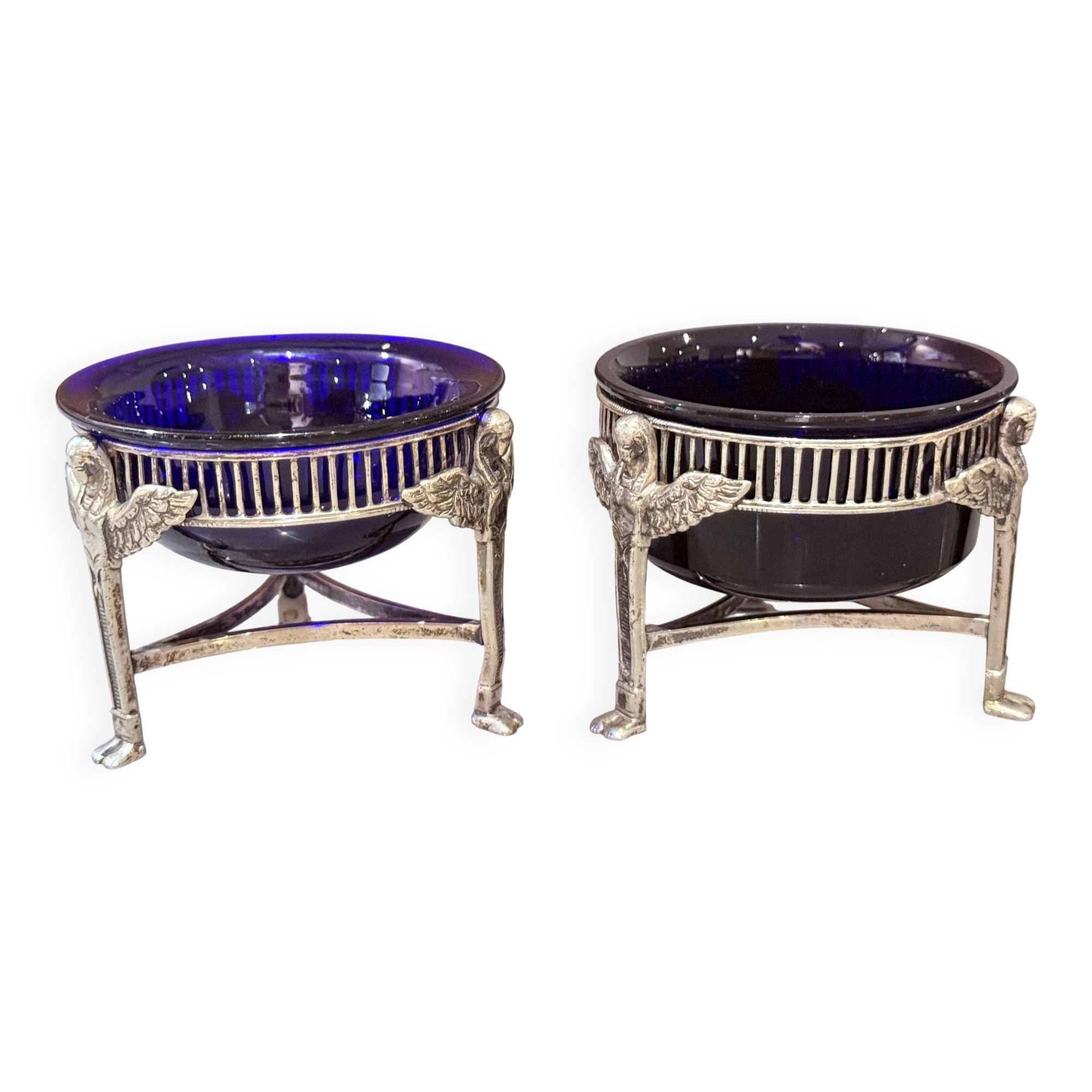 Pair of Vintage Swan-Shaped Salt Cellars, Silver-Plated, with Cobalt Blue Glass Liners