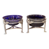 Pair of Vintage Swan-Shaped Salt Cellars, Silver-Plated, with Cobalt Blue Glass Liners