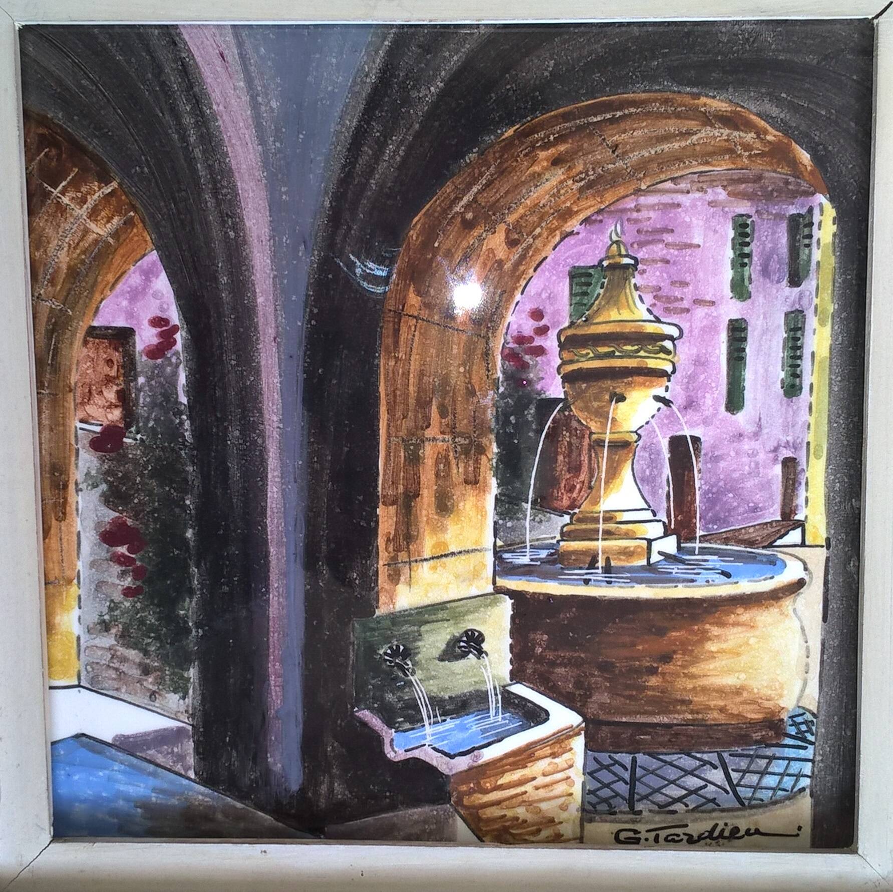 Painting frame painted on ceramic by g. tardieu city of biot fountain