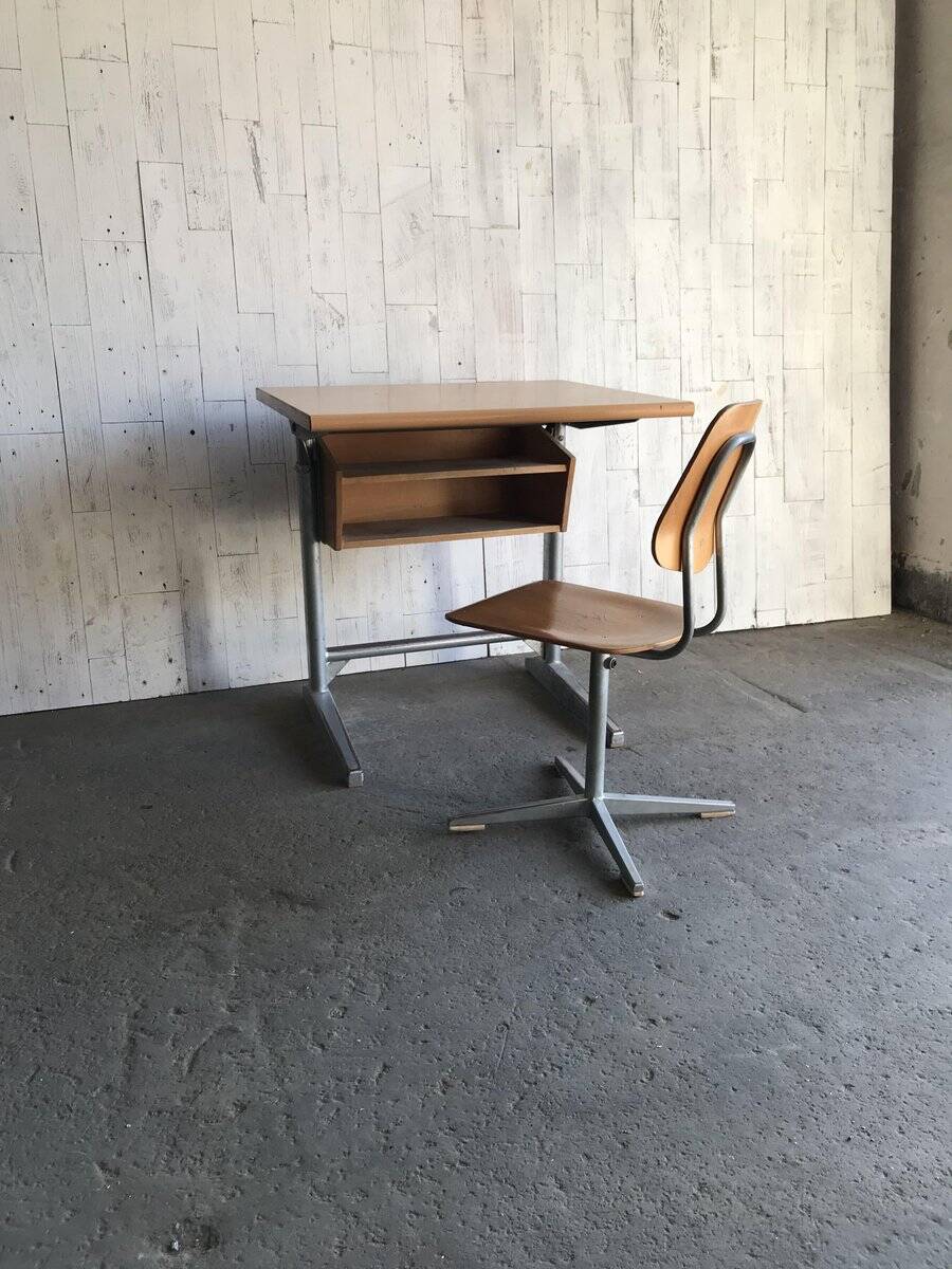 Embru set from the 1960s, school desk and brown wooden and steel chair, Switzerland, set of 2.