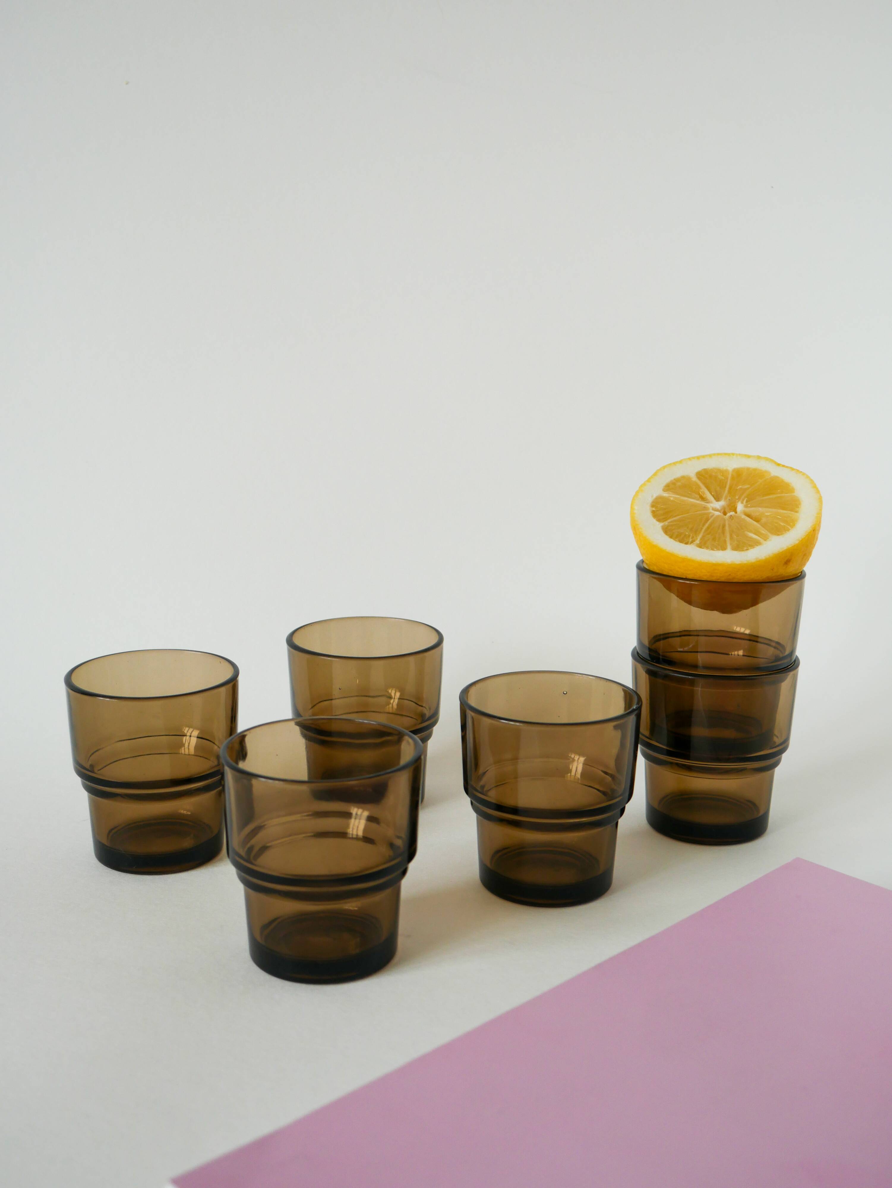 Set of 6 smoked glass water glasses, Design, 1970
