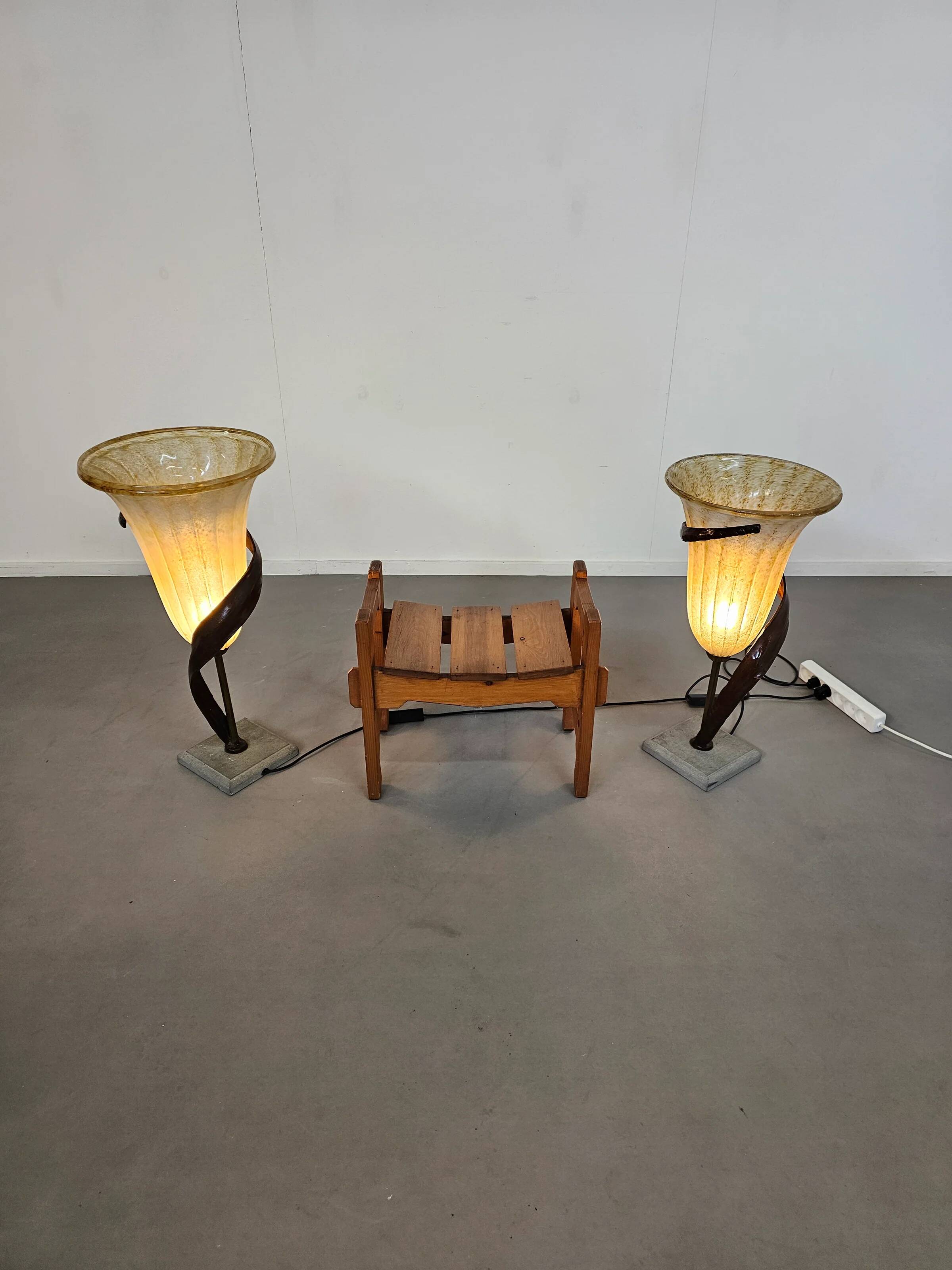 Large Jugendstil floor / table lamps, Roberto Galli, stone base with Italian glass shade