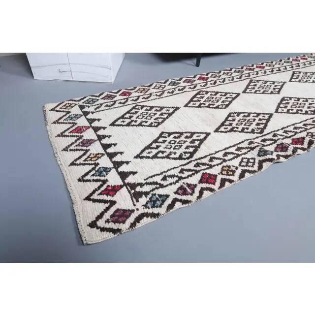 Vintage Turkish Hand-Knotted Wool Cotton White Runner 80x401
