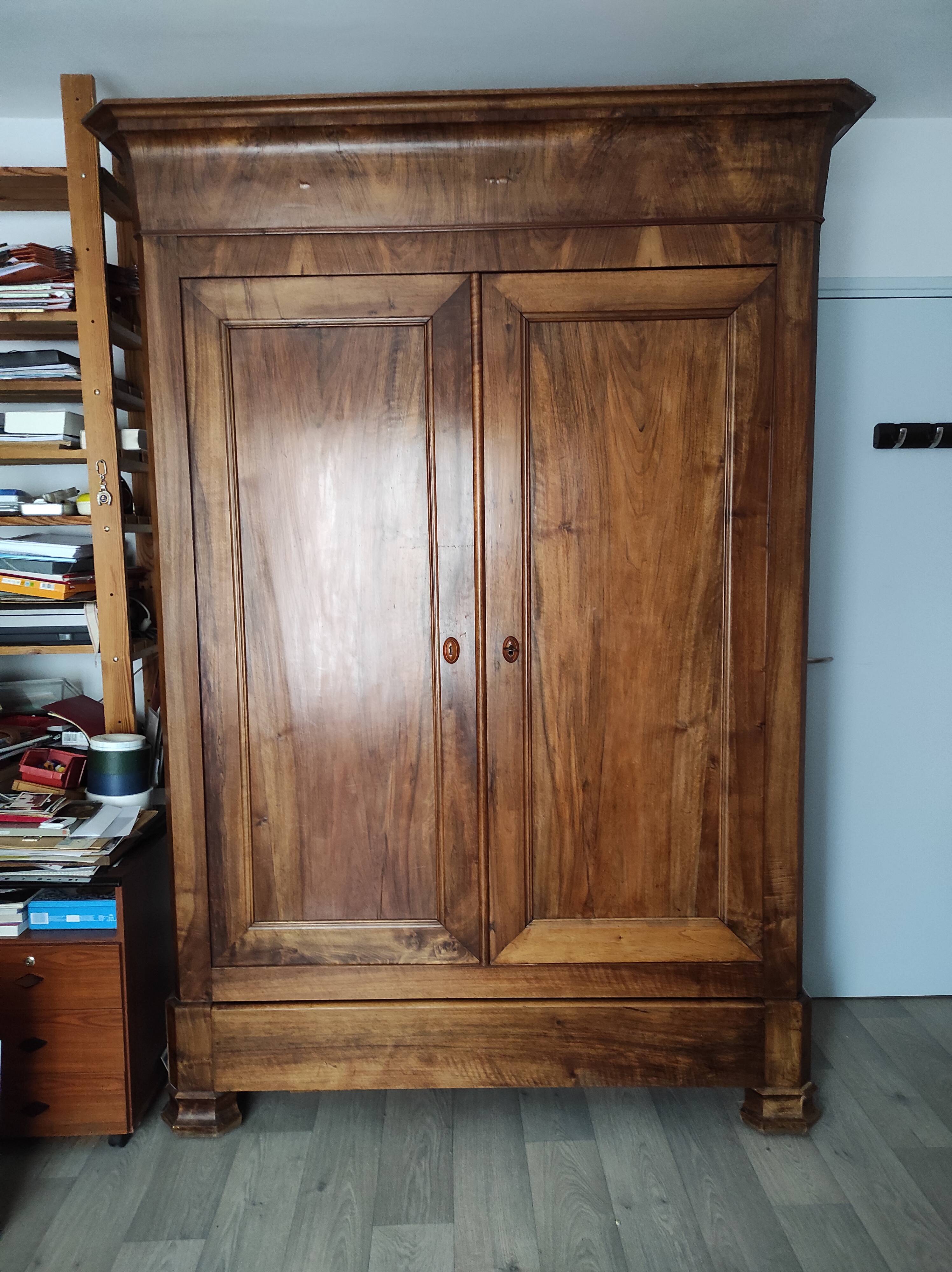 Old walnut wood cabinet with hat and 2 drawer doors