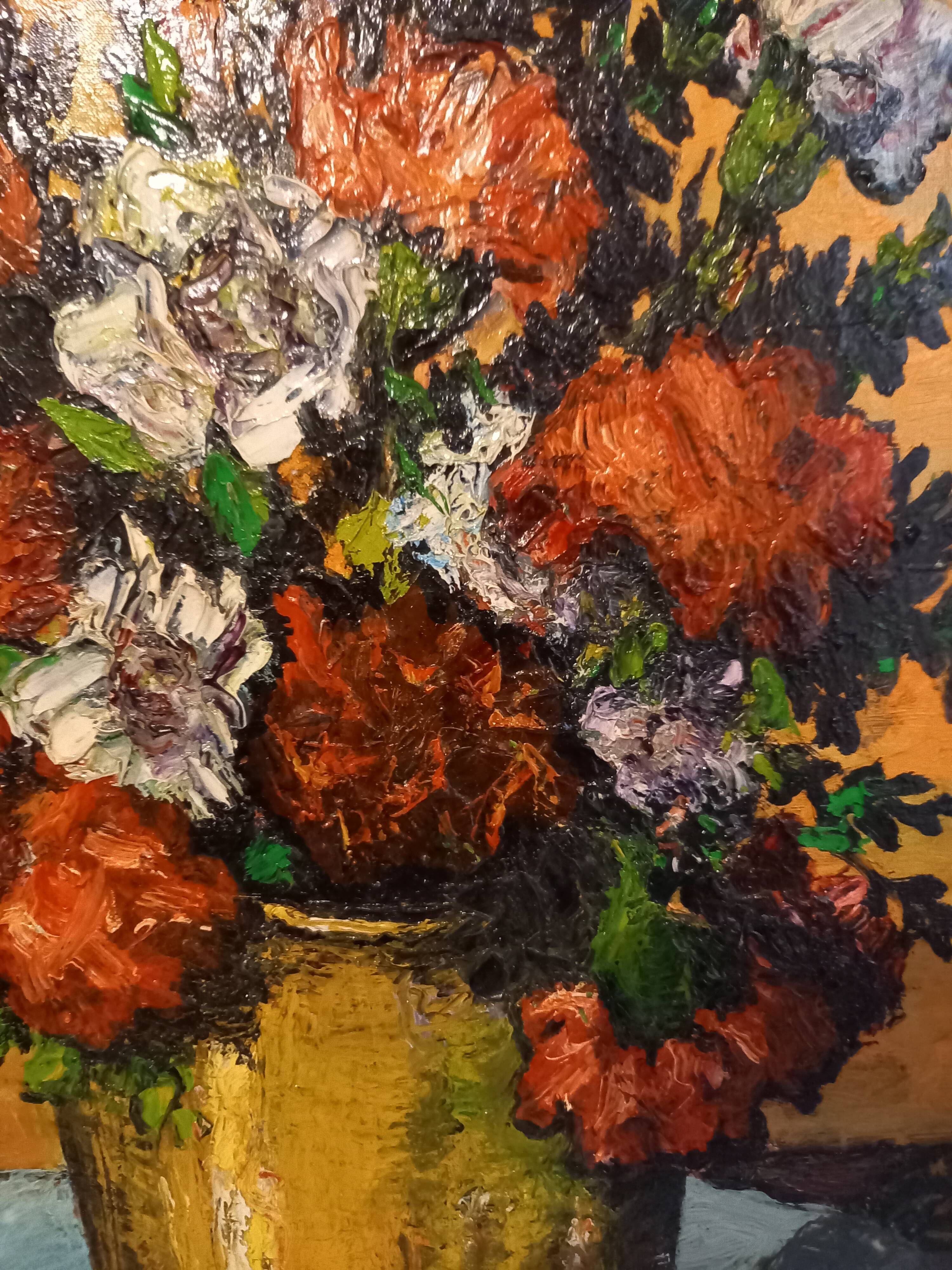 Old painting, oil on canvas, representing a bouquet of flowers, mid-twentieth century