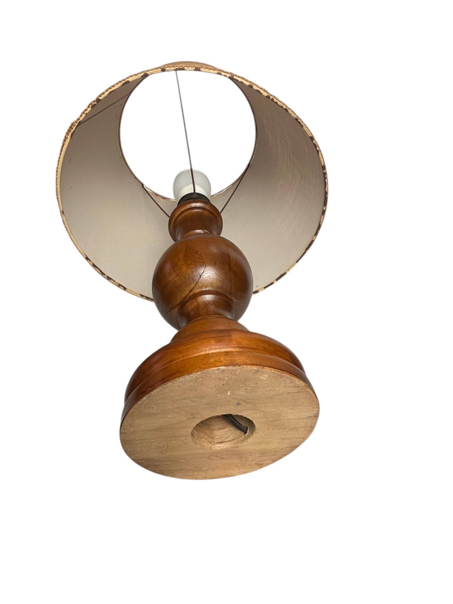 Vintage, large wooden base lamp with shade from around 1970.