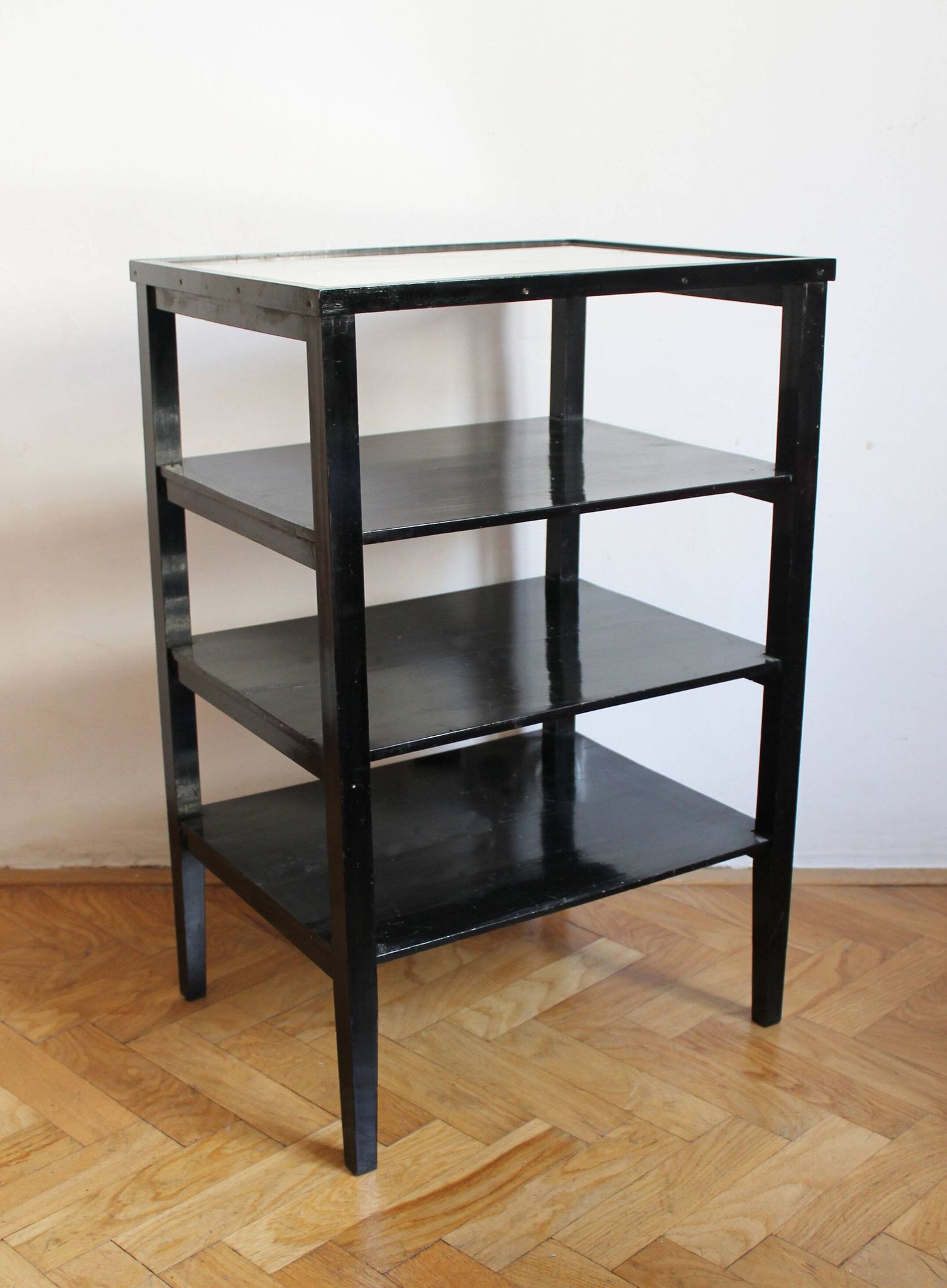 Late 1940s Czechoslovak Functionalist Étagère in Black Wood and Bevelled Gl