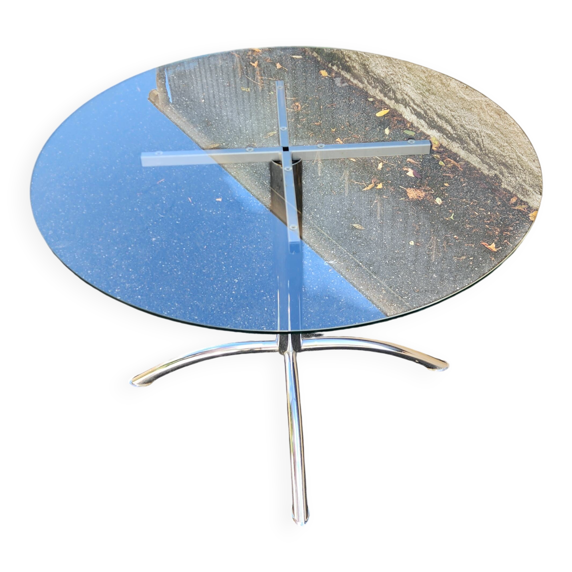Chrome table with glass dining top from the 1980s.