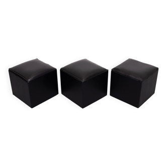 set of 3 Black Faux Leather cube Ottomans 1960s Holland