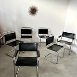 Set of 6 design chairs Matteo Grassi tubular metal and black leather year 70/80 Bauhaus style