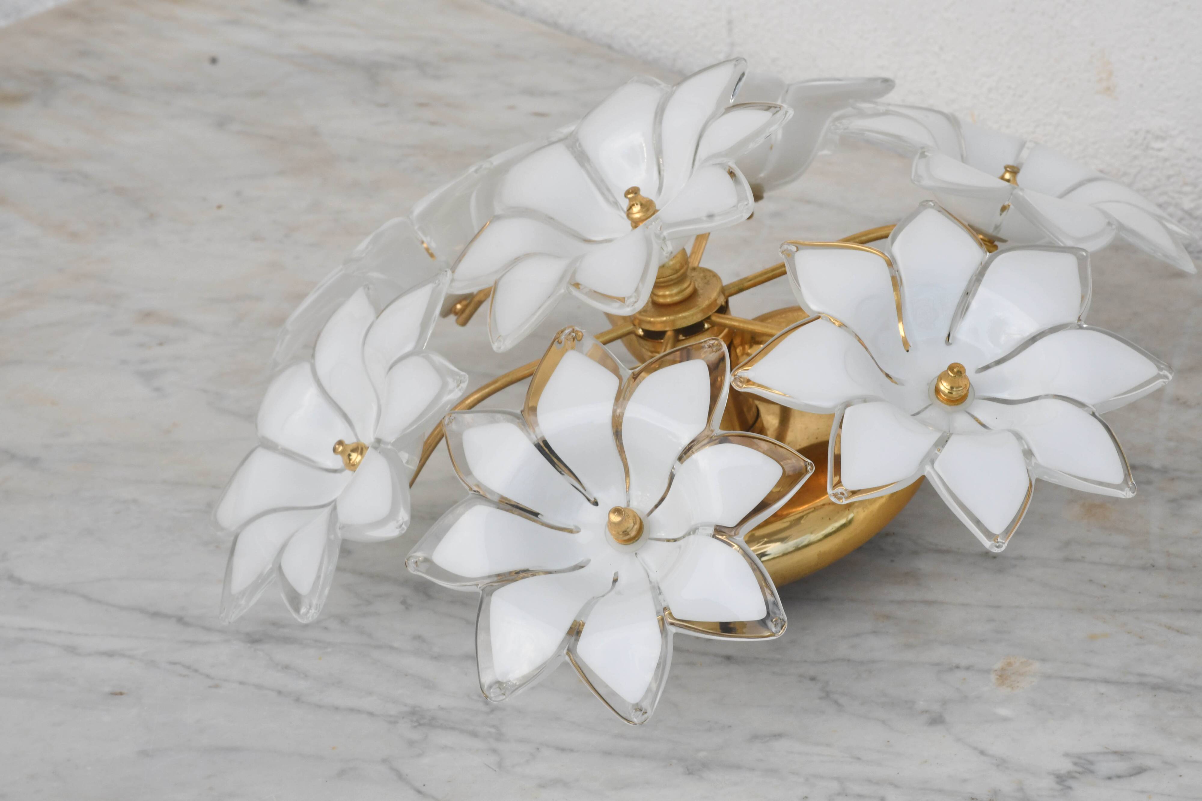 Set of 2 Charming Murano Vintage Ceiling Light White Flowers, 1970s