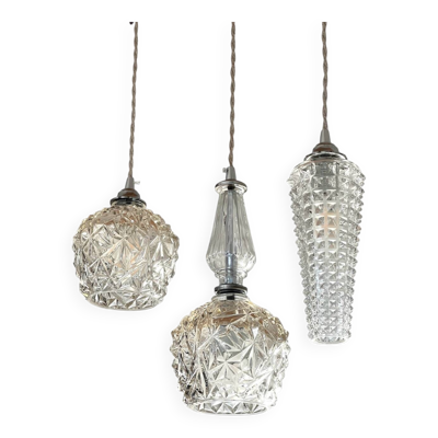 Triple suspension cascade trois tulipes cristal et chromes vintage
