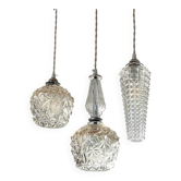 Triple suspension cascade trois tulipes cristal et chromes vintage