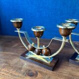 Pair of Art Deco candlesticks in brass and varnished wood, 1930s/1940s