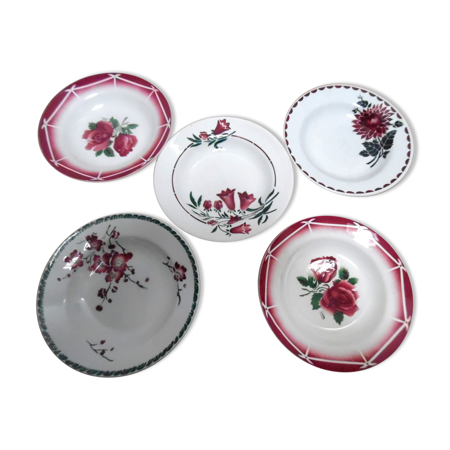 Five deep dishes earthenware mismatched